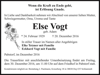 Traueranzeige von Else Vogt (geb. Adam)  von Magdeburger Volksstimme
