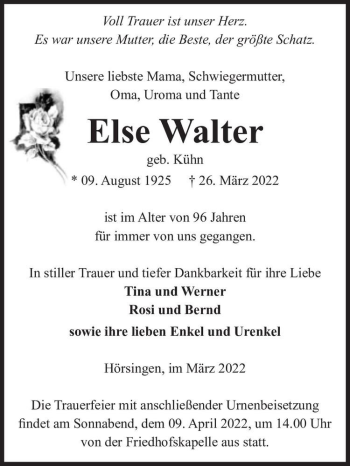 Traueranzeige von Else Walter (geb. Kühn)  von Magdeburger Volksstimme