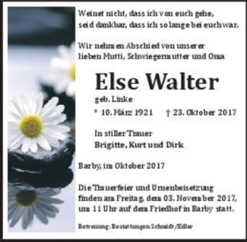 Traueranzeige von Else Walter (geb. Linke)  von Magdeburger Volksstimme
