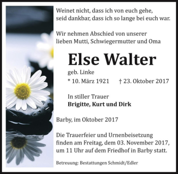 Traueranzeige von Else Walter (geb. Linke)  von Magdeburger Volksstimme