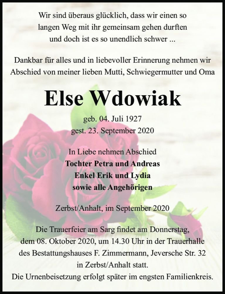  Traueranzeige für Else Wdowiak  vom 26.09.2020 aus Magdeburger Volksstimme