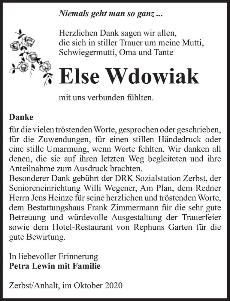  Traueranzeige für Else Wdowiak  vom 17.10.2020 aus Magdeburger Volksstimme