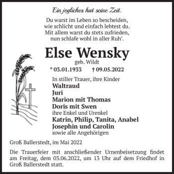 Traueranzeige von Else Wensky (geb. Wildt)  von Magdeburger Volksstimme