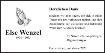 Traueranzeige von Else Wenzel  von Magdeburger Volksstimme