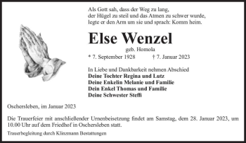Traueranzeige von Else Wenzel  von Magdeburger Volksstimme