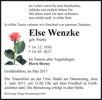 Traueranzeige von Else Wenzke (geb. Priebe)  von Magdeburger Volksstimme