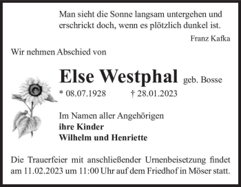 Traueranzeige von Else Westphal (geb. Bosse)  von Magdeburger Volksstimme