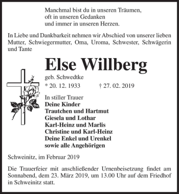 Traueranzeige von Else Willberg (geb. Schwedtke)  von Magdeburger Volksstimme
