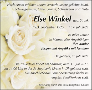 Traueranzeige von Else Winkel (geb. Strulik)  von Magdeburger Volksstimme