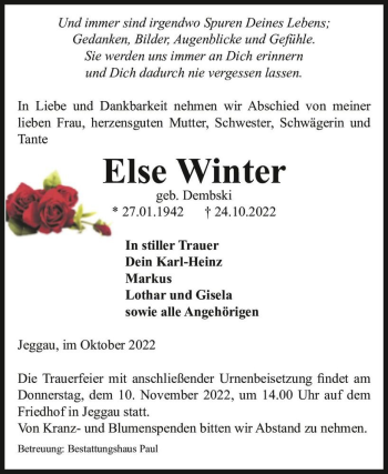 Traueranzeige von Else Winter (geb. Dembski)  von Magdeburger Volksstimme