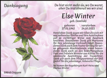 Traueranzeige von Else Winter (geb. Dembski)  von Magdeburger Volksstimme