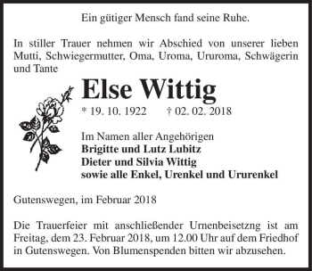 Traueranzeige von Else Wittig  von Magdeburger Volksstimme