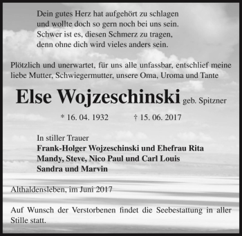 Traueranzeige von Else Wojzeschinski (geb. Spitzner)  von Magdeburger Volksstimme