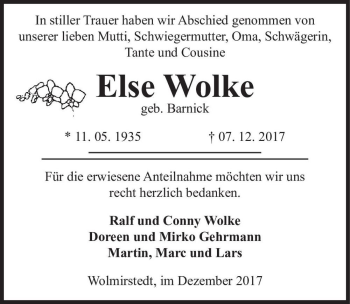 Traueranzeige von Else Wolke (geb. Barnick)  von Magdeburger Volksstimme