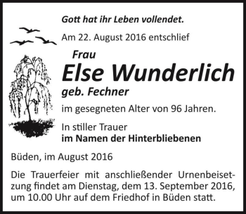 Traueranzeige von Else Wunderlich (geb. Fechner)  von Magdeburger Volksstimme