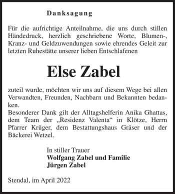 Traueranzeige von Else Zabel  von Magdeburger Volksstimme