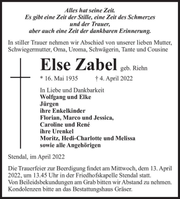 Traueranzeige von Else Zabel (geb. Riehn)  von Magdeburger Volksstimme