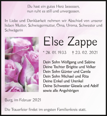 Traueranzeige von Else Zappe  von Magdeburger Volksstimme