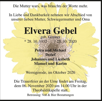 Traueranzeige von Elvera Gebel (geb. Görmer)  von Magdeburger Volksstimme