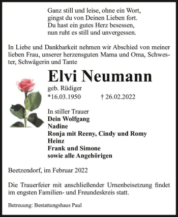 Traueranzeige von Elvi Neumann (geb. Rüdiger)  von Magdeburger Volksstimme