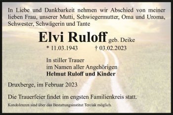 Traueranzeige von Elvi Ruloff (geb. Deike)  von Magdeburger Volksstimme
