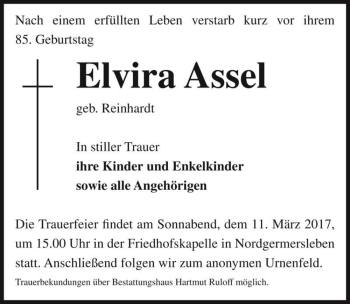 Traueranzeige von Elvira Assel (geb. Reinhardt)  von Magdeburger Volksstimme