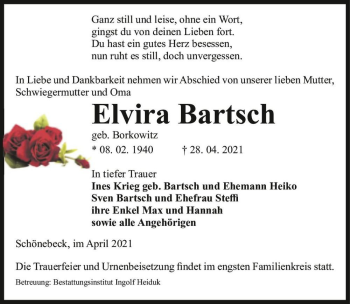 Traueranzeige von Elvira Bartsch (geb. Borkowitz)  von Magdeburger Volksstimme