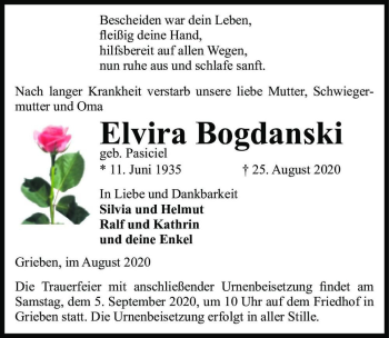 Traueranzeige von Elvira Bogdanski (geb. Pasiciel)  von Magdeburger Volksstimme