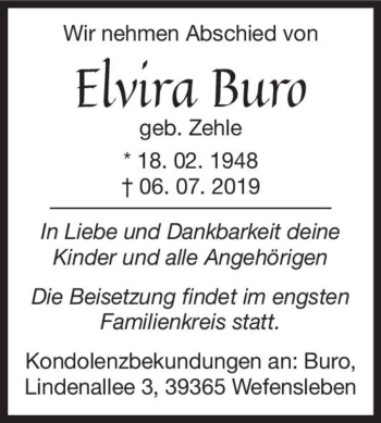Traueranzeige von Elvira Buro (geb. Zehle)  von Magdeburger Volksstimme