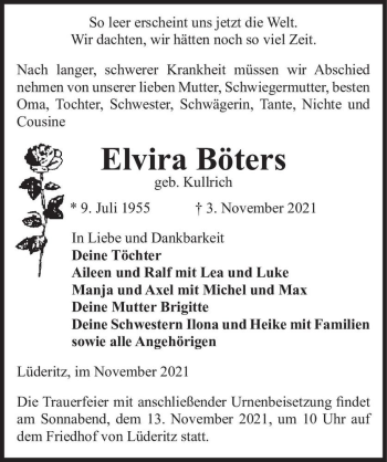 Traueranzeige von Elvira Böters (geb. Kullrich)  von Magdeburger Volksstimme