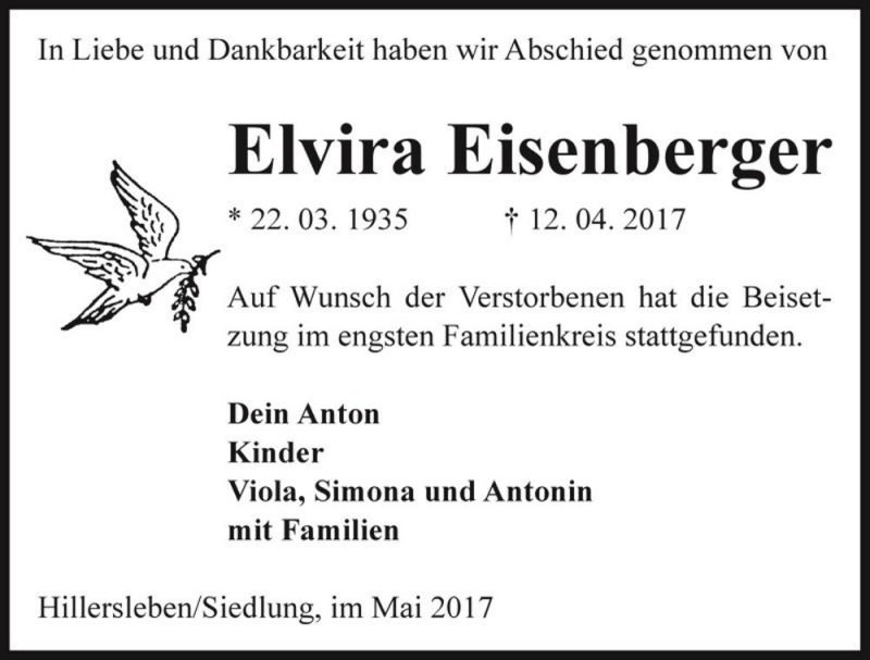  Traueranzeige für Elvira Eisenberger  vom 09.05.2017 aus Magdeburger Volksstimme