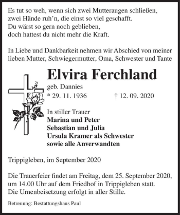 Traueranzeige von Elvira Ferchland (geb. Dannies)  von Magdeburger Volksstimme