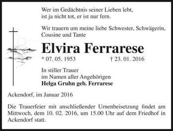 Traueranzeige von Elvira Ferrarese  von Magdeburger Volksstimme