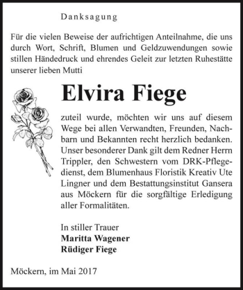Traueranzeige von Elvira Fiege  von Magdeburger Volksstimme