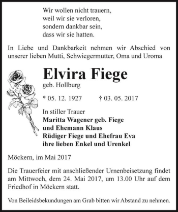 Traueranzeige von Elvira Fiege (geb. Hollburg)  von Magdeburger Volksstimme
