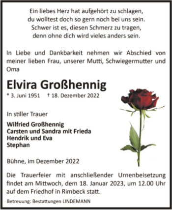 Traueranzeige von Elvira Großhennig  von Magdeburger Volksstimme