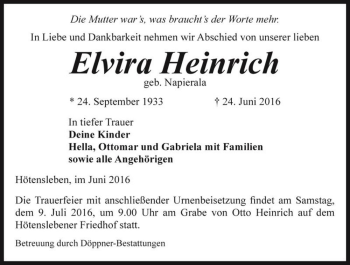 Traueranzeige von Elvira Heinrich (geb. Napierala)  von Magdeburger Volksstimme
