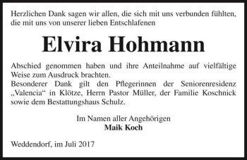 Traueranzeige von Elvira Hohmann  von Magdeburger Volksstimme