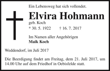 Traueranzeige von Elvira Hohmann (geb. Koch)  von Magdeburger Volksstimme