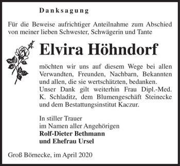 Traueranzeige von Elvira Höhndorf  von Magdeburger Volksstimme