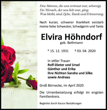 Traueranzeige von Elvira Höhndorf (geb. Bethmann)  von Magdeburger Volksstimme