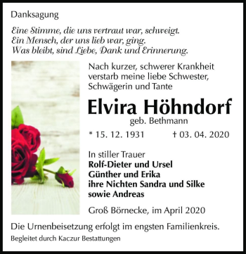 Traueranzeige von Elvira Höhndorf (geb. Bethmann)  von Magdeburger Volksstimme