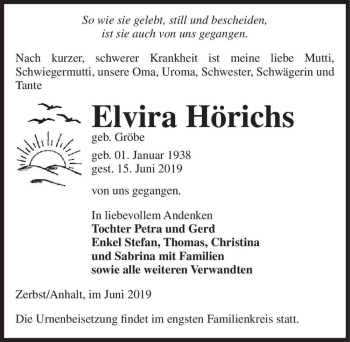Traueranzeige von Elvira Hörichs (geb. Gröbe)  von Magdeburger Volksstimme