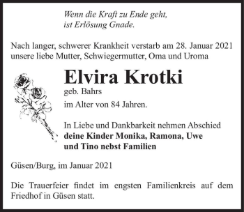 Traueranzeige von Elvira Krotki (geb. Bahrs)  von Magdeburger Volksstimme