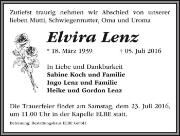 Traueranzeige von Elvira Lenz  von Magdeburger Volksstimme