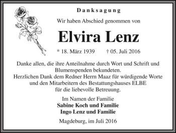 Traueranzeige von Elvira Lenz  von Magdeburger Volksstimme