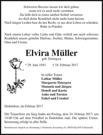 Traueranzeige von Elvira Müller (geb. Dziergwa)  von Magdeburger Volksstimme
