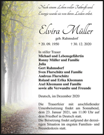 Traueranzeige von Elvira Müller (geb. Rahmsdorf)  von Magdeburger Volksstimme