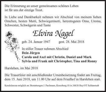 Traueranzeige von Elvira Nagel  von Magdeburger Volksstimme