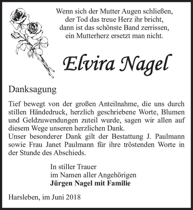  Traueranzeige für Elvira Nagel  vom 23.06.2018 aus Magdeburger Volksstimme